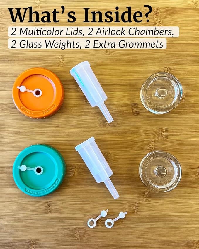Elementi Fermentation Kit - Set of 2 Glass Fermenting Weights and Mason Jar Fermentation Lids for Wide Mouth Mason Jars - Sauerkraut & Pickling Kit - Make Perfect Kimchi Pickles & Sauerkraut at Home
