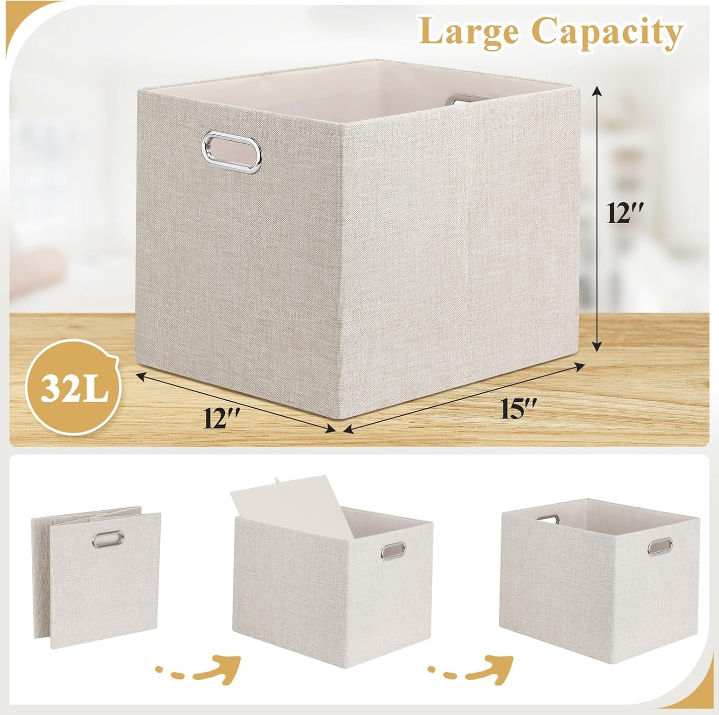 Posprica 15.12"x12.13"x12.01" Storage Cube Bins, Linen Decorative Closet Storage Organizer for IKEA Kallax, 4 Pack Fabric Foldable Large Storage Baskets for Closet, Shelves, Clothes, Toy (Beige)