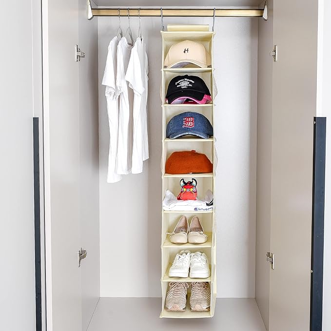 Hanging Shoe Organizer for Closet with Side Mesh Pockets，Hat Racks for Baseball Caps，Shoe and Hat Holder & Storage，8-Shelf，Beige，1 Pack