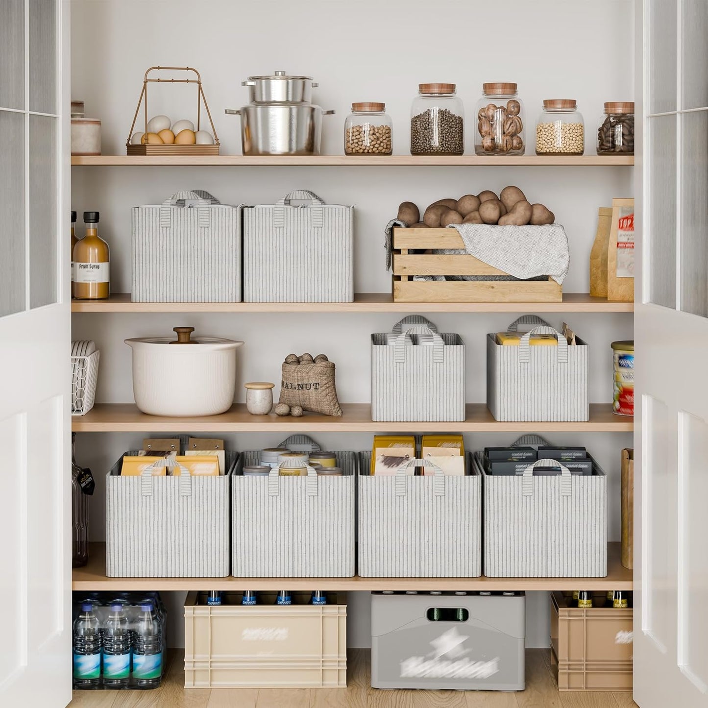 StorageWorks Storage Bins, Fabric Storage Bins for Shelves, Storage Baskets with Metal Frame, Closet Baskets and Bins with Handles, Khaki and Beige Stripes, 2-Pack