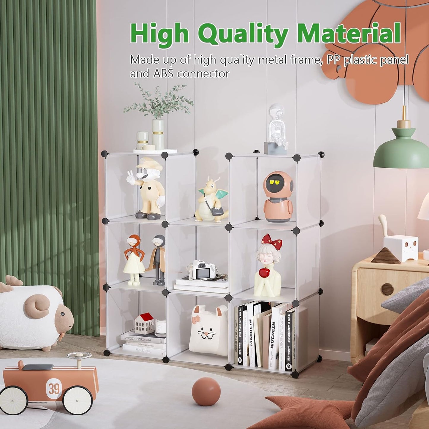 C&AHOME Cube Storage, 9-Cube Plastic Closet Cabinet Organizer, DIY Stackable Bookshelf, Modular shelving Units Ideal for Home, Office, Kids Room, 36.6"L x 12.4" W x 48.4" H Translucent White SBTM3009A