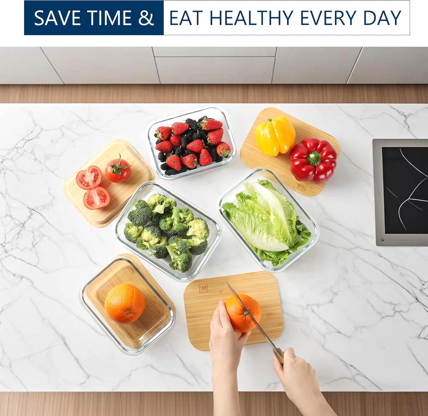 DE Glass Food Storage Containers with Bamboo Lids – 4 Pack (12oz/21oz/35oz/51oz) – BPA-Free Borosilicate Glass Meal Prep Boxes – Oven, Microwave, Freezer Safe – Stackable & Airtight