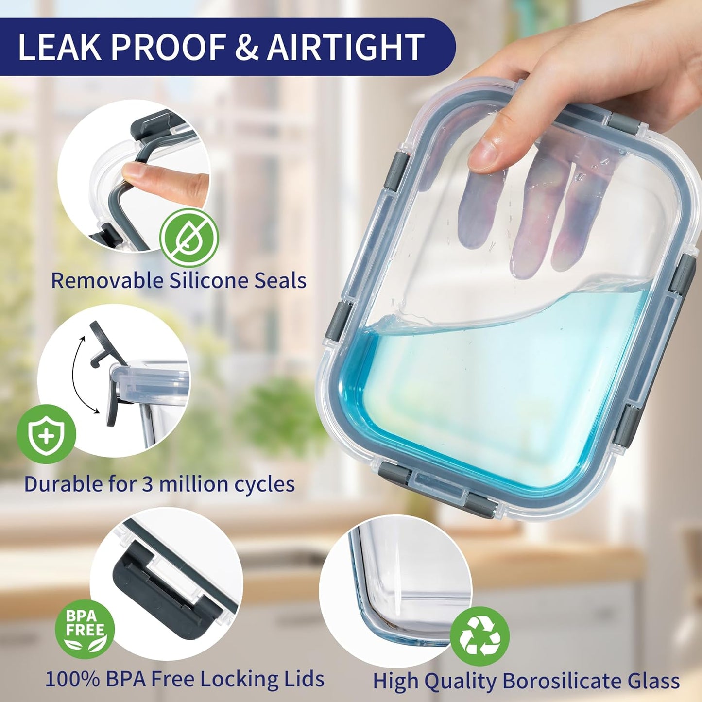 MFY 10-Pack Glass Storage Containers with Lids, Glass Meal Prep Containers Set, Airtight Lunch Containers with Lids, Microwave, Oven, Freezer and Dishwasher Safe, Gray