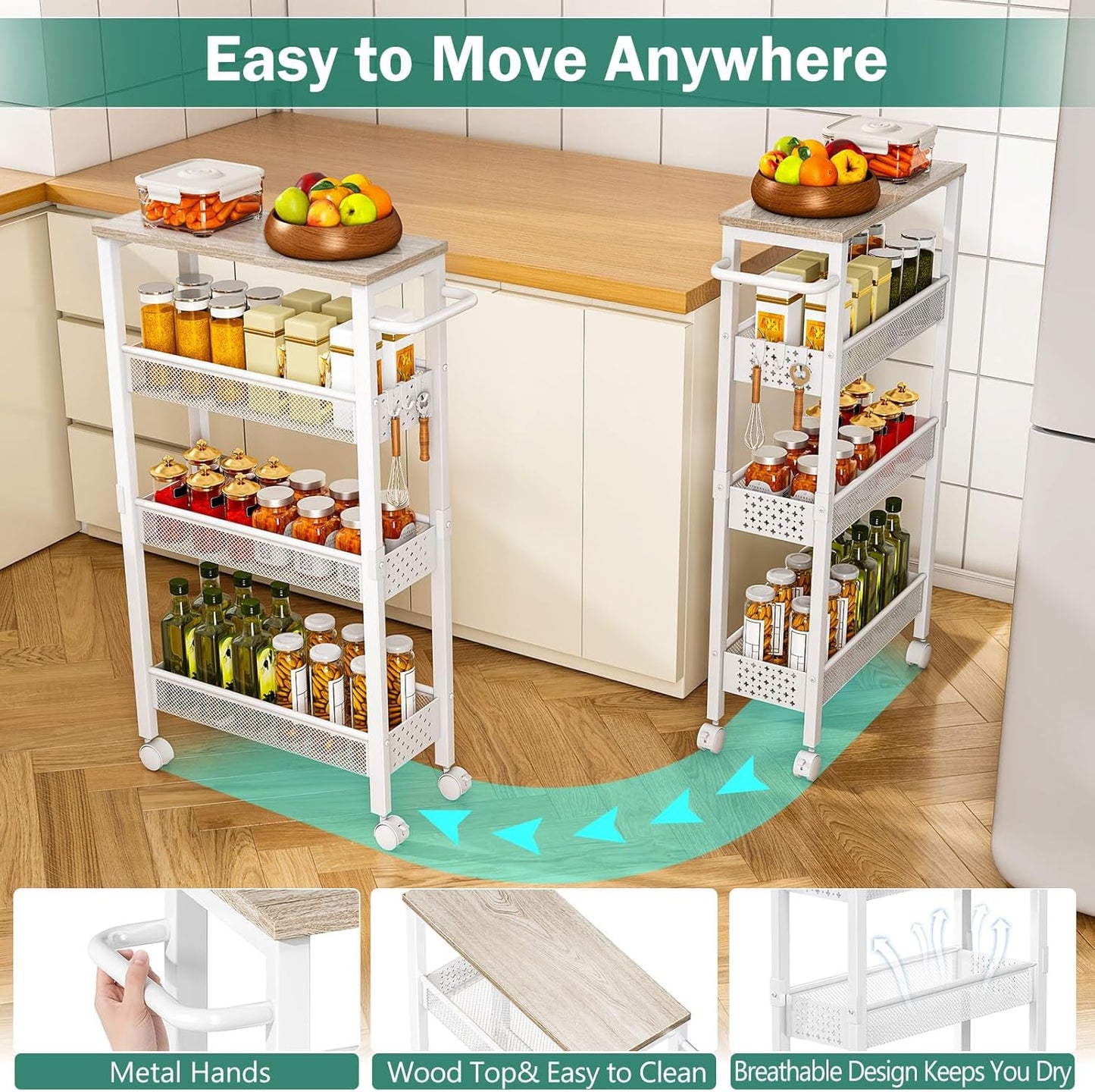 Utility Slim Storage Cart, 4 Tier Small Rolling Kitchen Laundry Room Cart with Wood Top, Metal Bathroom Storage Cabinet Mobile Shelf Unit Organizer Trolley with Handle for Narrow Space