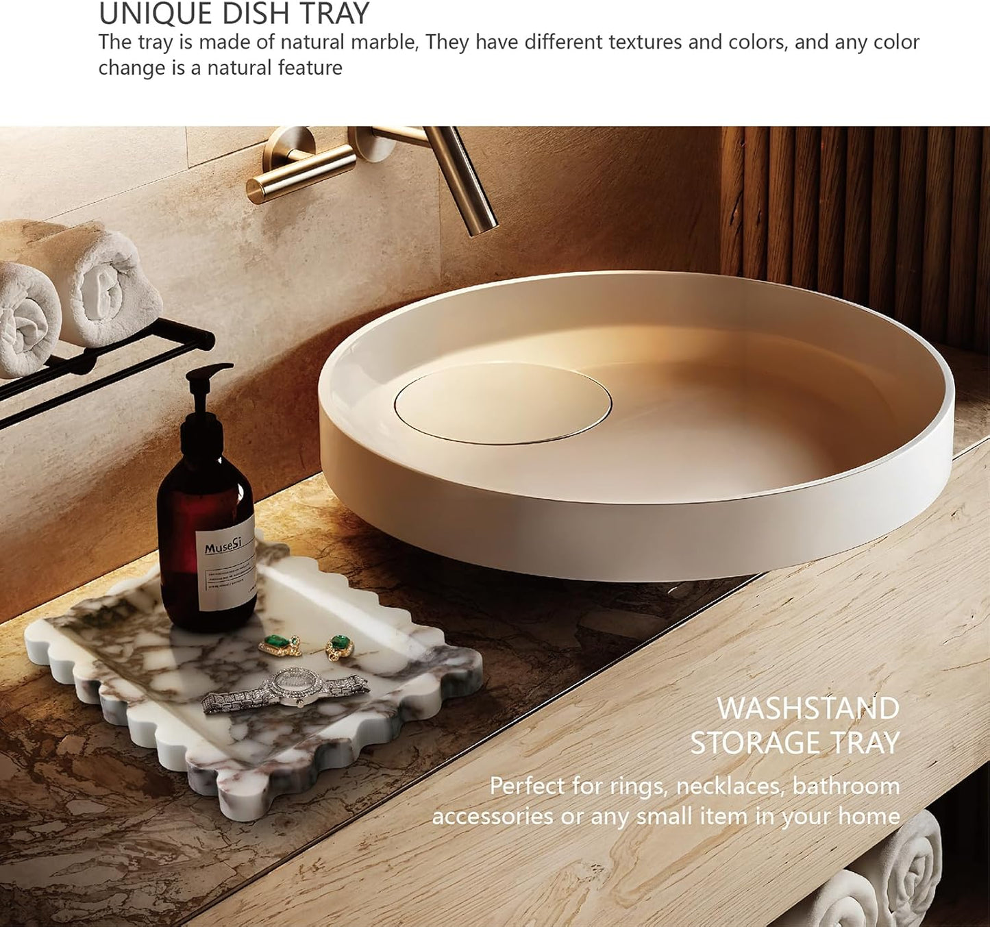 Marble Tray for Bathroom Vanity Countertop - Decorative Stone Soap Dish Organizer, Rectangular Tray for Jewelry, Perfume, Keys (10.6"x7.8")