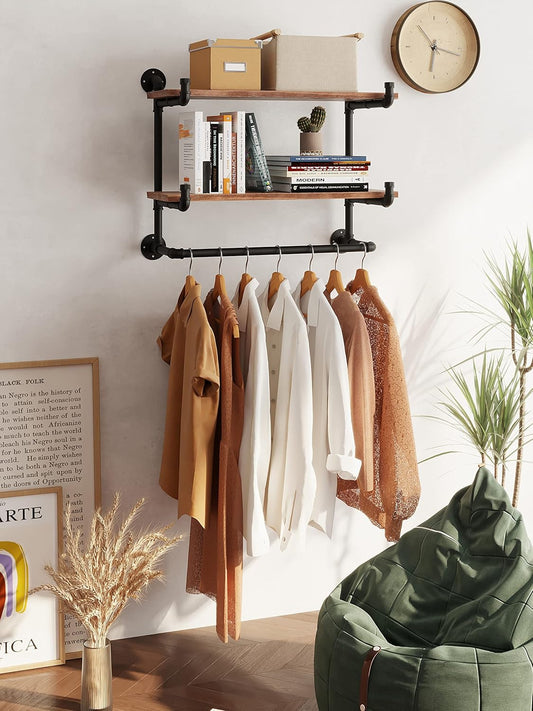30in Industrial Pipe Clothing Rack,2-Tier Wall Mounted Clothes Rack, Pipe Clothing Rack with Shelf, Wall Hangers for Clothes, for Bedroom, Laundry, Living Room, Retail Store