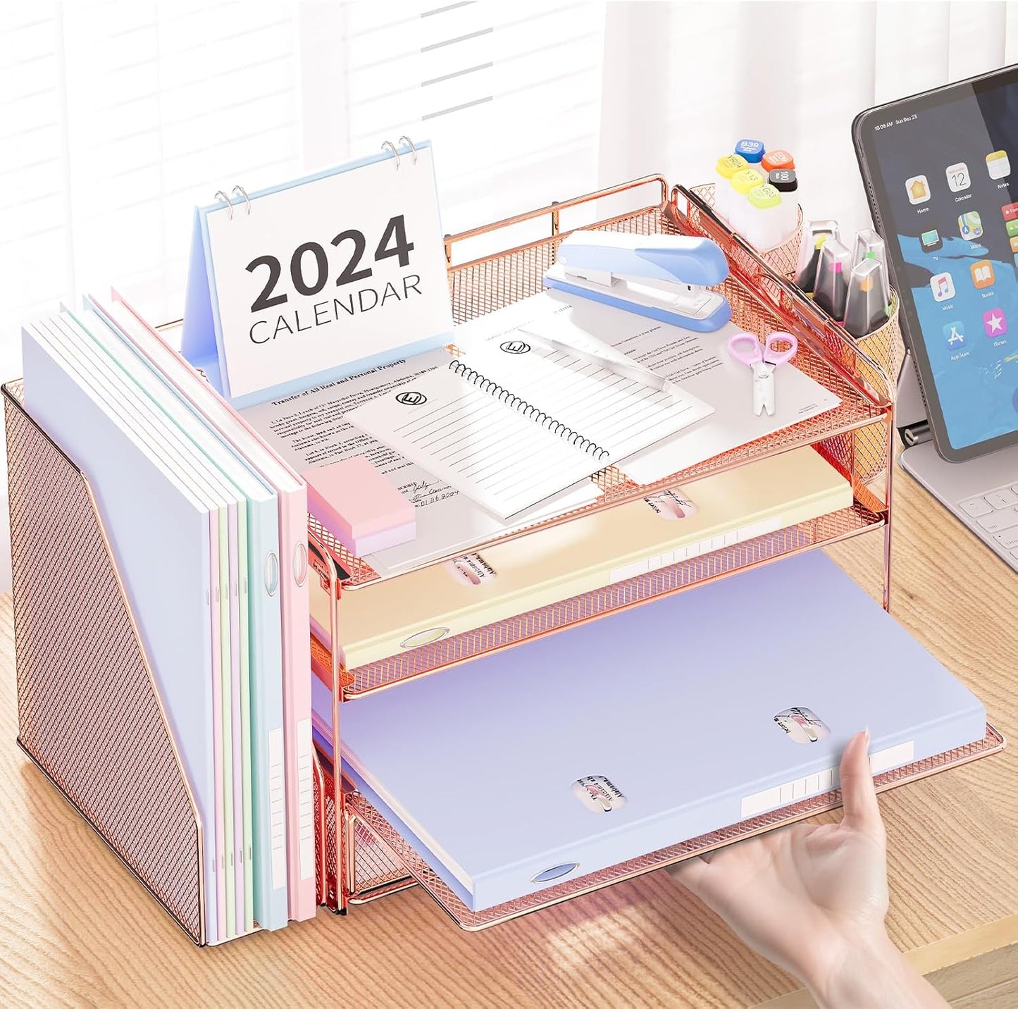 Desk Organizer and Accessories, 4-Tier Desktop File Organizer with Drawer and 2 Pen Holders, Office Desk Accessories, File Sorters, Workspace Organizers for Office Supplies(Rose Gold)