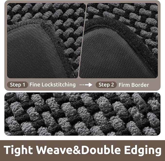 AMOAMI Chenille Bath Mat Super Absorbent Bathroom Mat Quick Dry Bath Mats for Bathroom Rubber Backed Bathroom Rugs Non Slip Washable Fit Under Door, Front of Bathtub, Sink, Darkgrey&Black 17"x24"