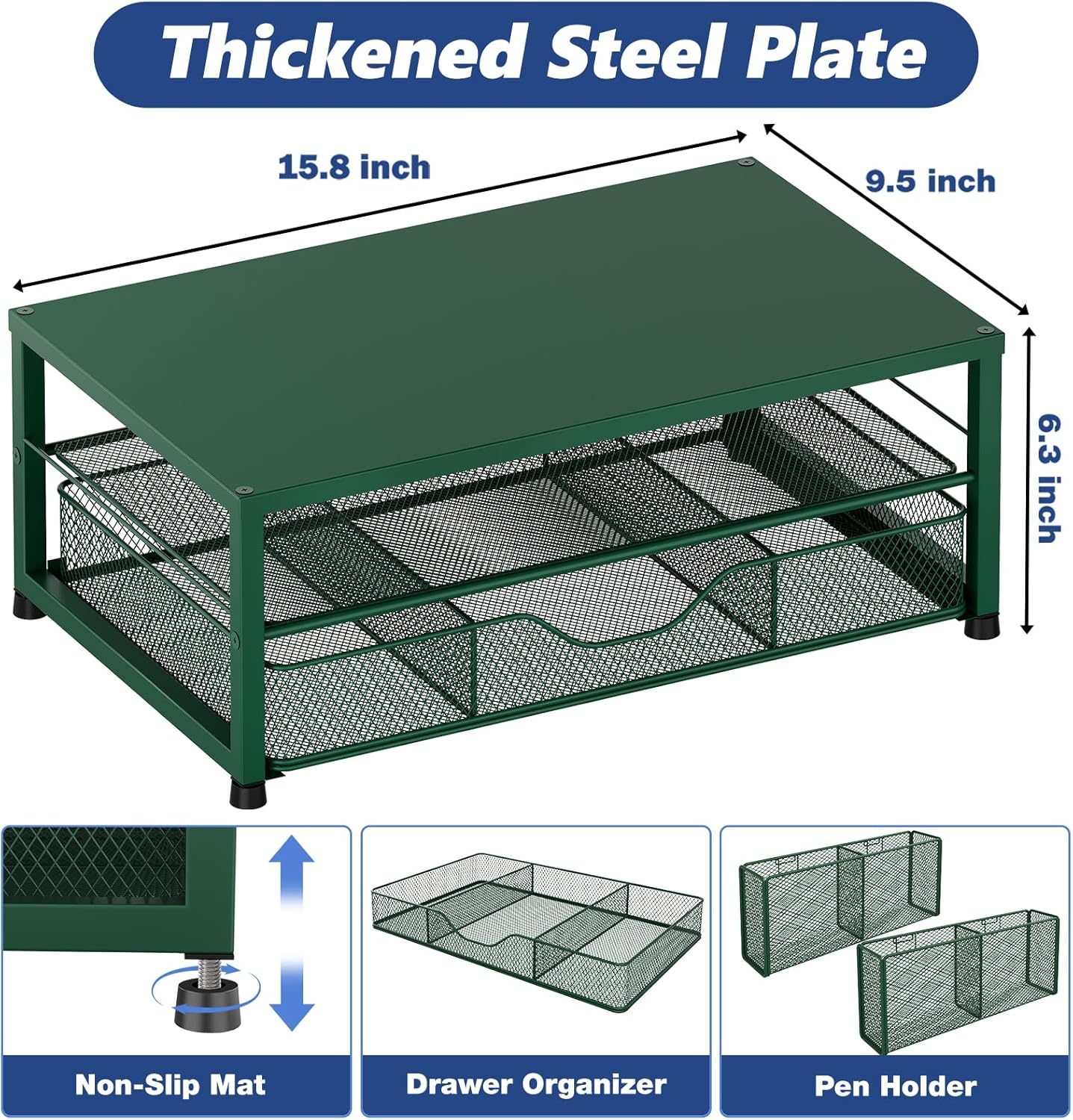 Desk Organizers and Accessories, 2-Tier Computer Monitor Stand Riser with Drawer and 2 Pen Holders, Laptop Stand, Office Desk Accessories for Office Supplies, Dark Green