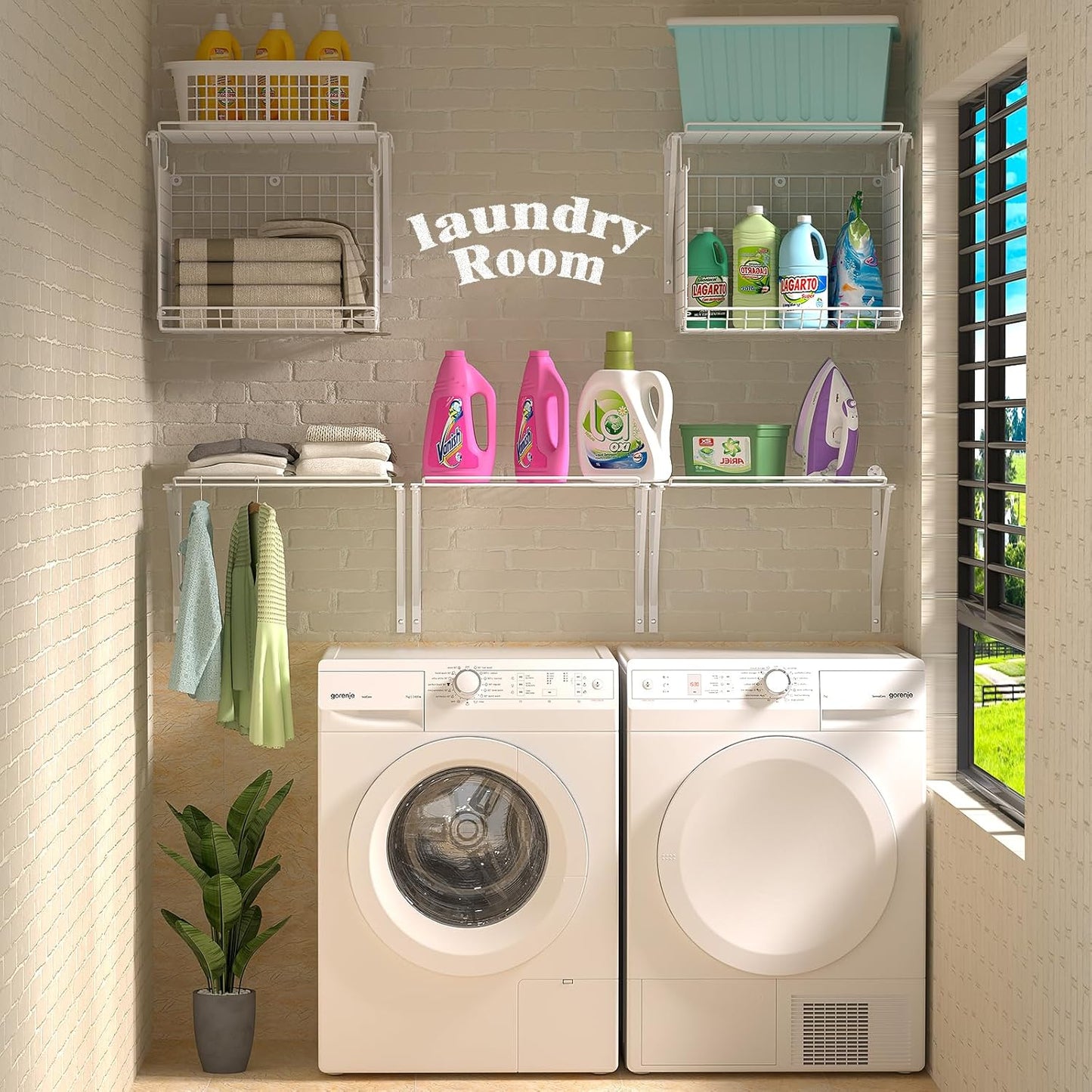 2 Pack Laundry Room Shelves Wall Mounted with Wire Baskets, Over the Washer and Dryer Shelf with Clothes Drying Rack, 8 Hooks，Wire Shelves Baskets for Laundry Closet Organization and Storage, White