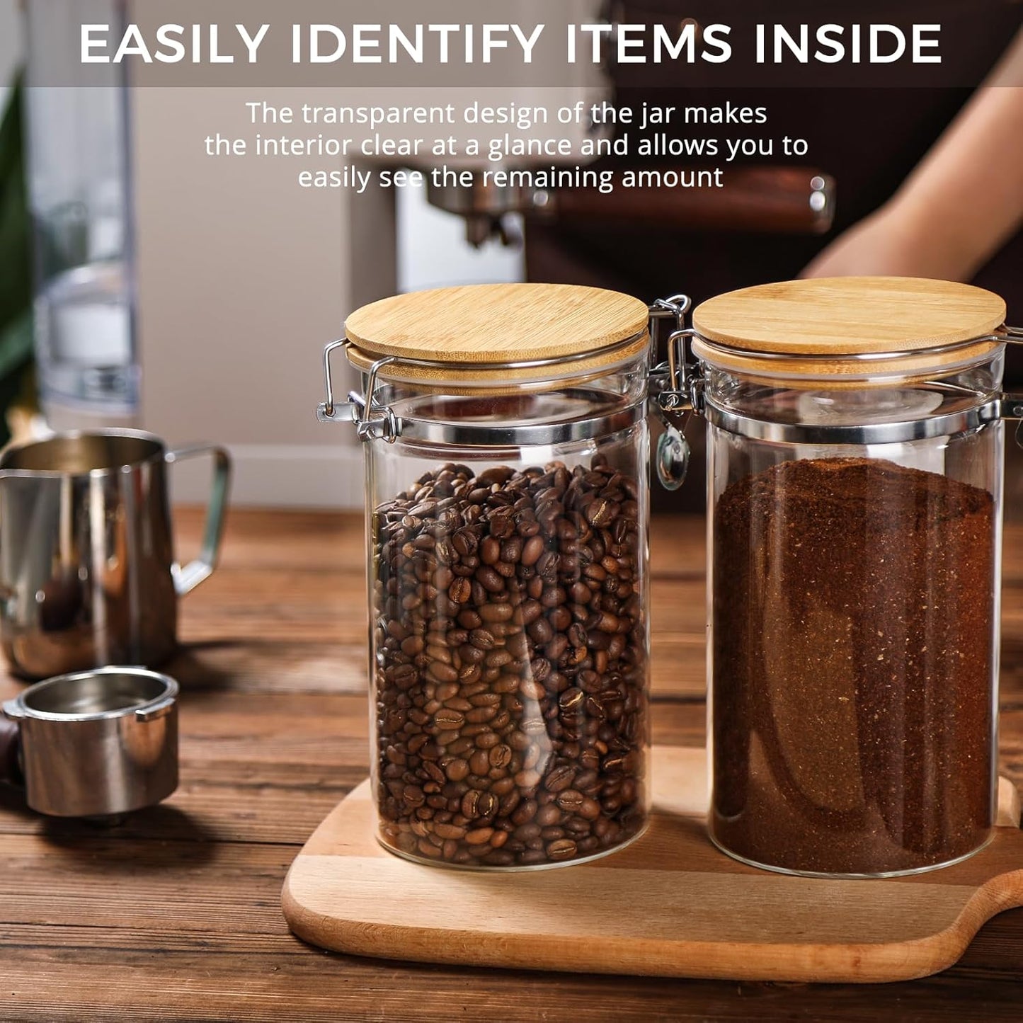 2 Pack 40.5oz Coffee Bean Storage Container with Airtight Bamboo Lids Glass Airtight Coffee Canister with Scoop Storage Container for Grounds Tea Cereal Sugar