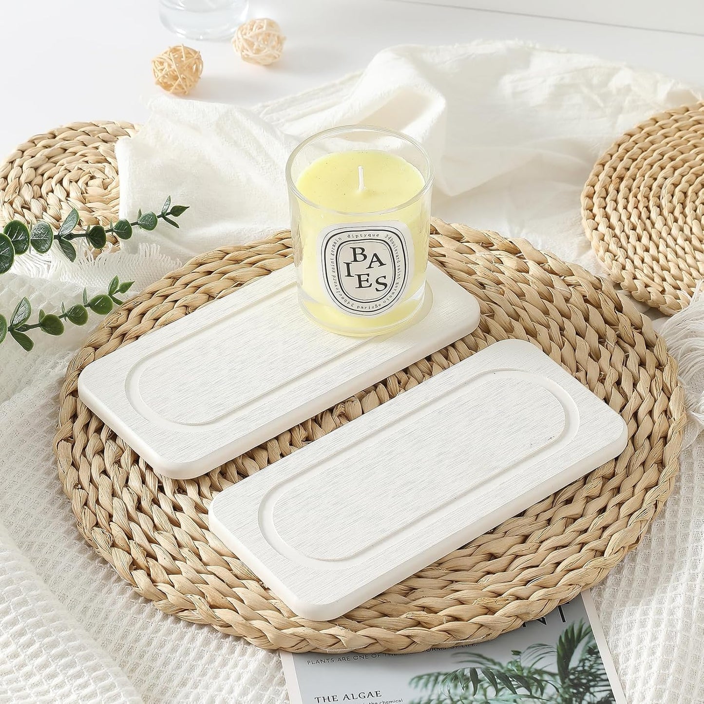 2Pack Water Absorbing Stone Tray for Sink, Diatomite Drying Coasters for Kitchen & Bathroom Counter, Kitchen Soap Dish Makeup Caddy, Dispenser Sponge Holder Space Organizer, White - 8"x 3.8"