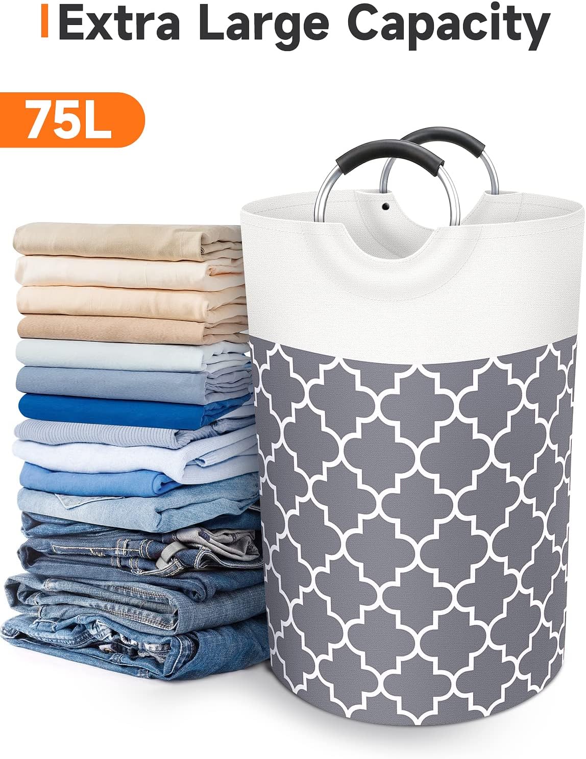 Large Laundry Basket Laundry Hamper Bag Washing Bin Clothes Bag Collapsible Tall with Handles Waterproof Travel Bathroom College Essentials Storage for College Dorm, Family (Grey) 75L