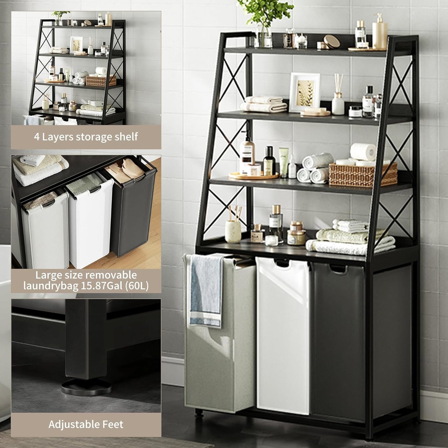 Laundry Basket, 3 Section Laundry Hamper with 4 Tiers Shelf, Pull-Out and Removable Laundry Bags, Large 3 x 15.87 Gallons, for Laundry Room Bathroom Black PF05XLK