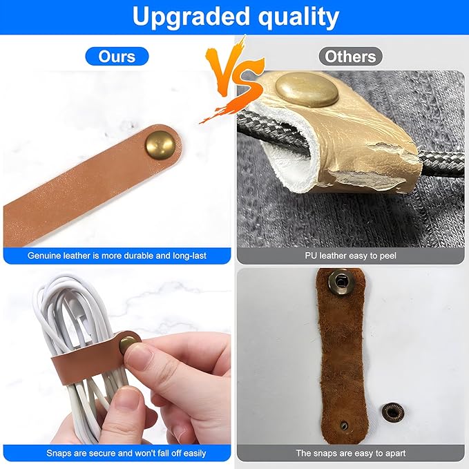 Leather Cable Straps Cord Organizer - Coideal 20 Pcs Earphone Cables Ties Reusable USB Cord Keeper with Snap Cord Clips Holder for Phone (Small + Large, White)