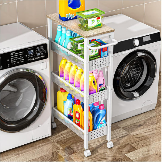 Utility Slim Storage Cart with Wheels, 4 Tier Small Rolling Cart with Wood Top, Metal Kitchen Bathroom Laundry Room Organization Trolley with Handle for Narrow Space - White