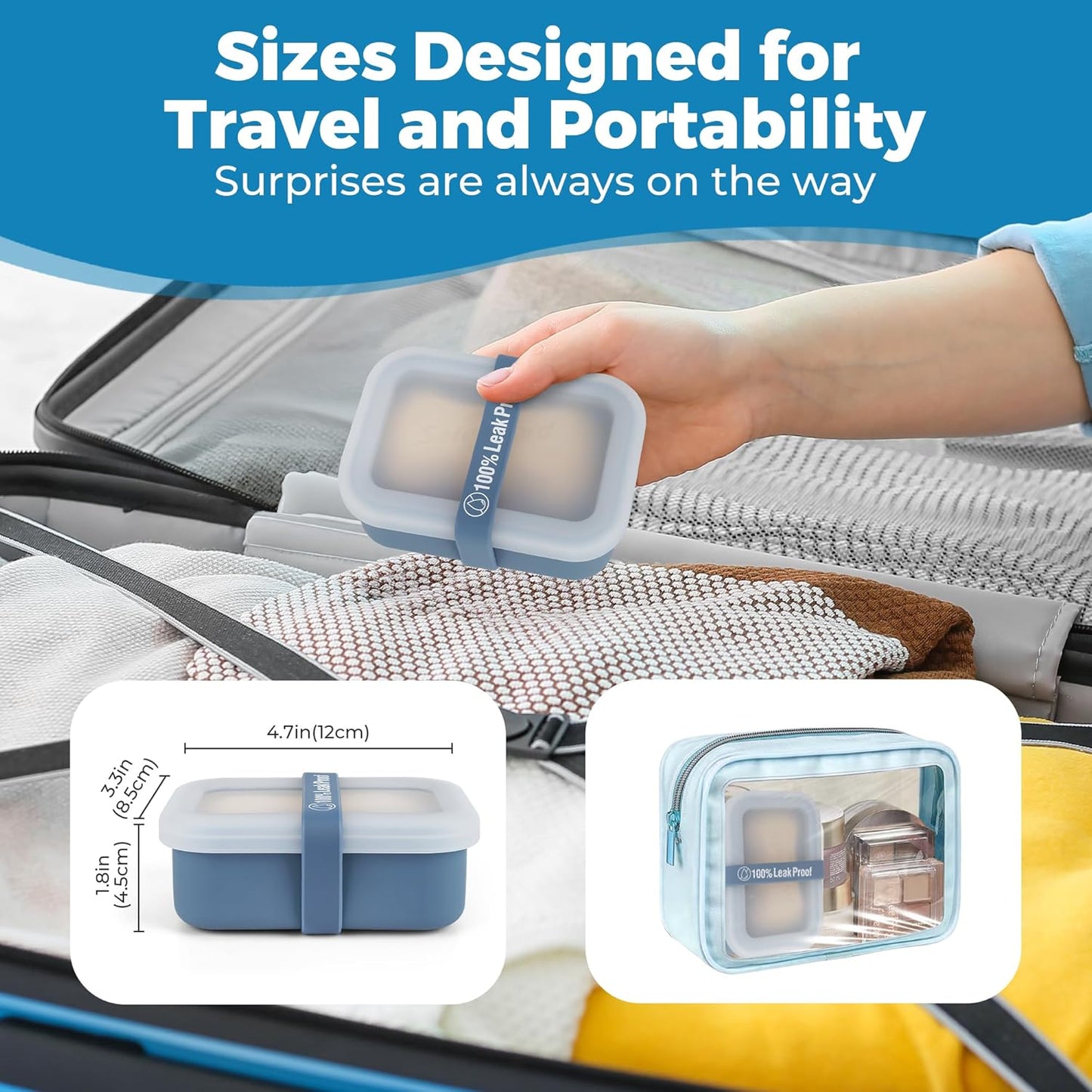 Compact Leakproof Travel Soap Case with Lid & Silicone Strap - Portable Draining Soap Bar Holder for Gym, Bathroom, Camping - Lightweight Silicone Soap Dish Container (Blue)