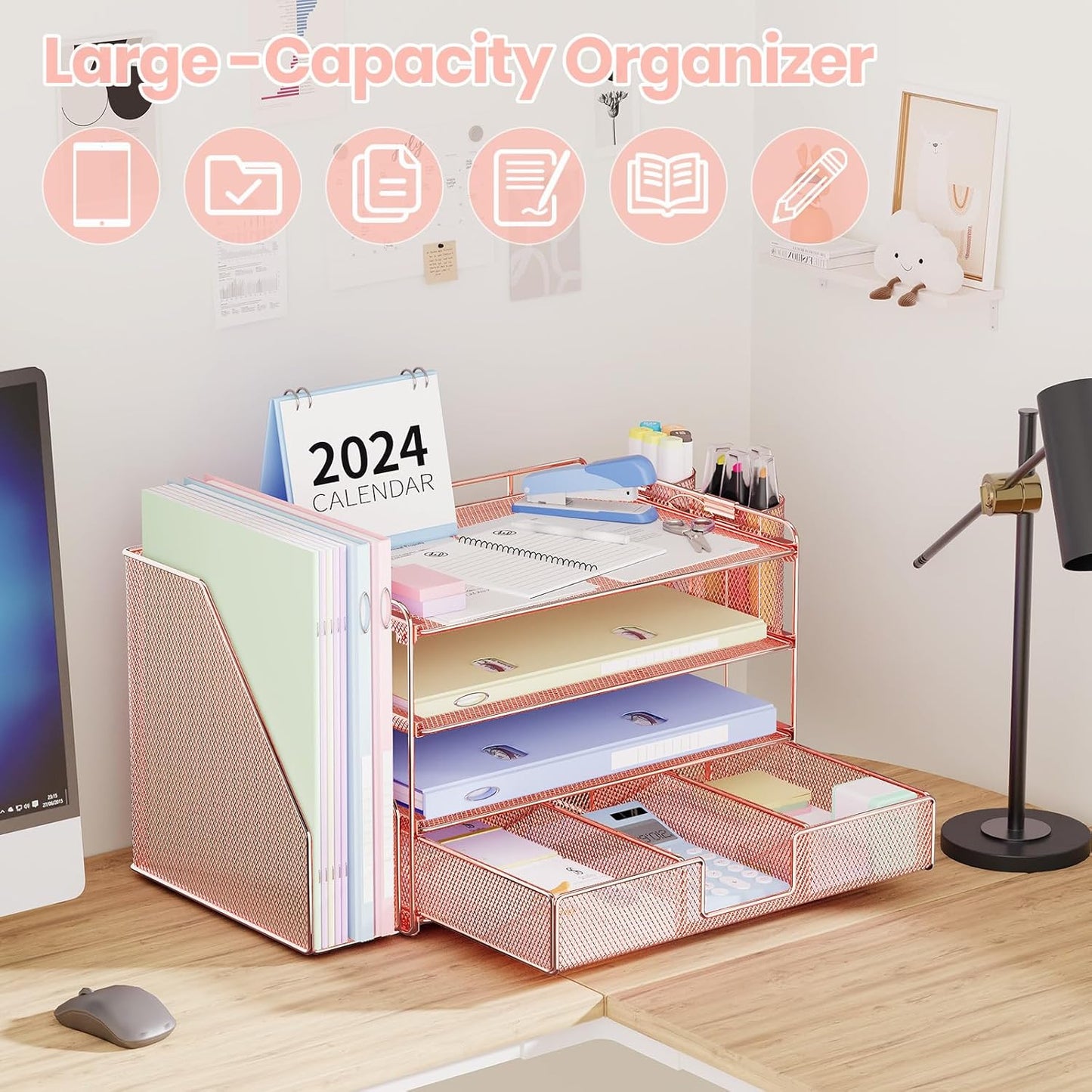 Desk Organizer and Accessories, 4-Tier Desktop File Organizer with Drawer and 2 Pen Holders, Office Desk Accessories, File Sorters, Workspace Organizers for Office Supplies(Rose Gold)
