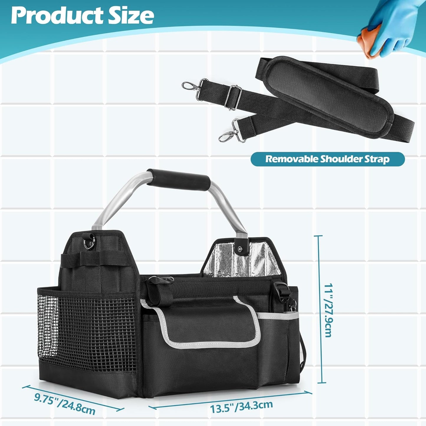 Wearable Cleaning Caddy Organizer, Cleaning Supplies Bag with Divider & Support Pad, Cleaner Tote with Handle & Detachable Shoulder Strap, Housekeeping Storage Box with Multi Pockets, Bag Only