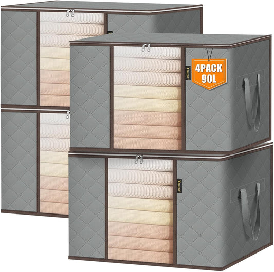 BALEINE 4 Pack Clothes Storage Bags, 24 Gallon Storage Containers with Reinforced Handle, Sturdy Zipper, Closet Organizer for Blanket, Comforter, Pillow, Bedding (Grey, 4 Pack)