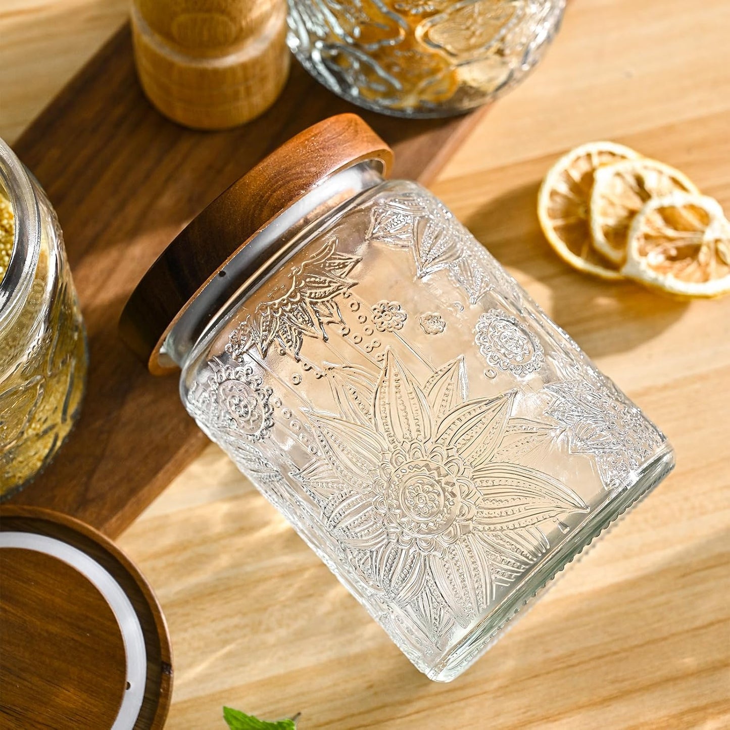 24oz Vintage Glass Canister With Lid Small Glass Jars Wide Mouth Mason Jars Airtight Coffee Canisters Kitchen Storage Containers For Sugar Tea Spice Flour Candy Cookie Cereal Cute Decorative