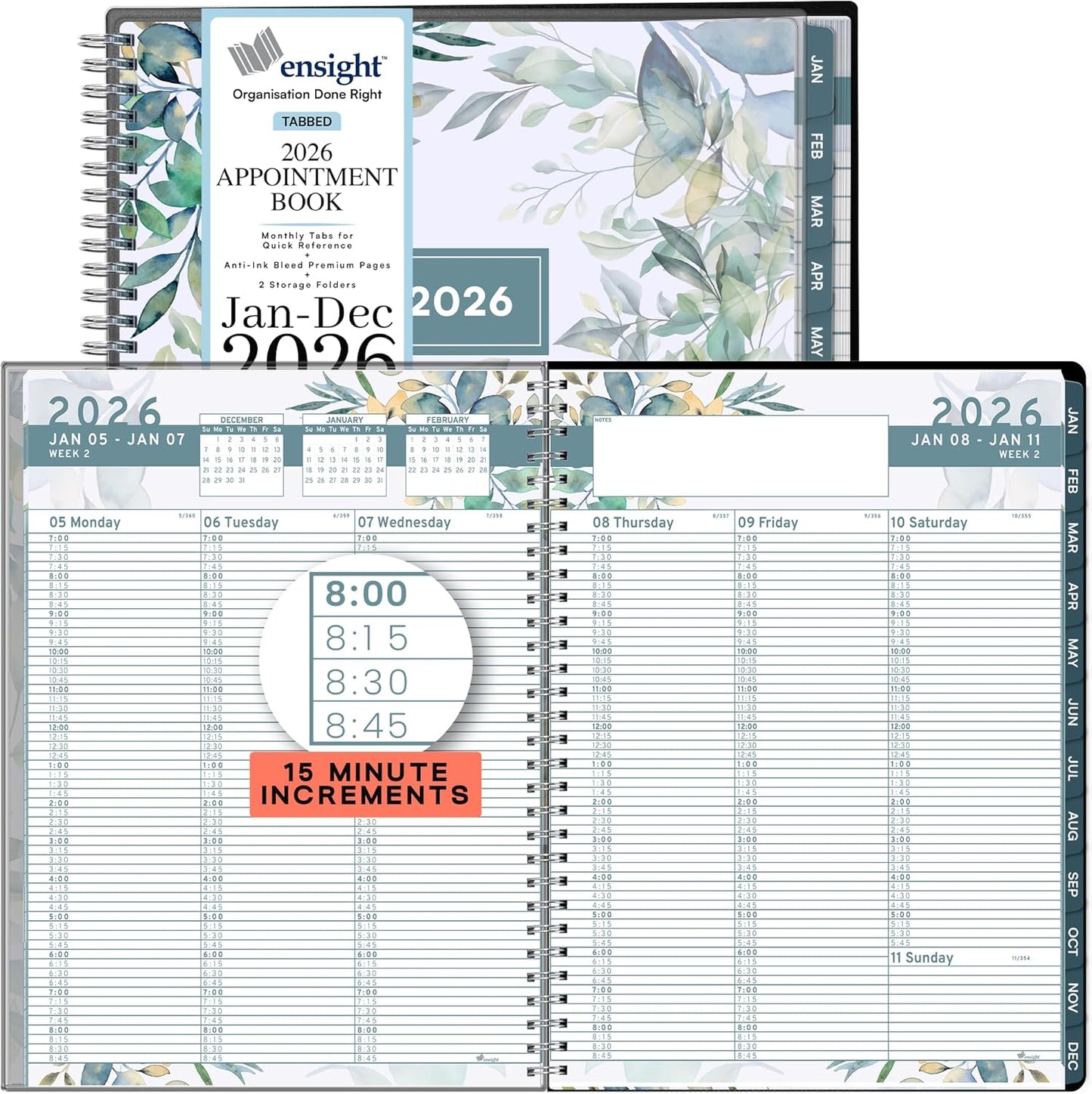 Ensight 2026 Appointment Book and Planner 8.5" x 11" Large Hourly Weekly Daily Schedule Planner with Tabs, 15 Minute Time Slots, Floral Calendar Organizer Jan 2026 – Dec 2026 Appointment Book - Floral