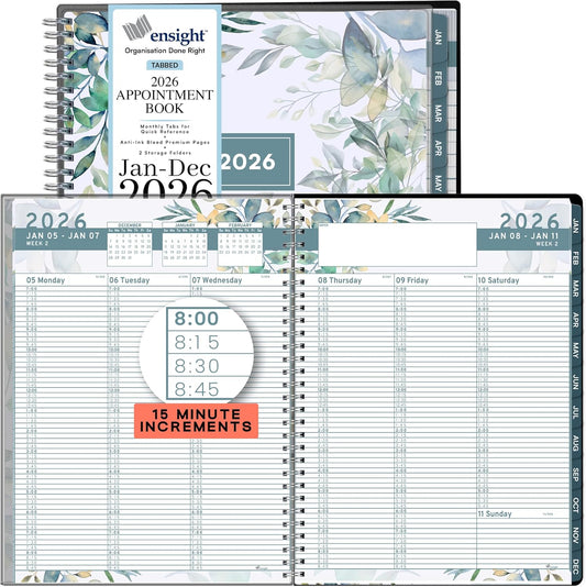 Ensight 2026 Appointment Book and Planner 8.5" x 11" Large Hourly Weekly Daily Schedule Planner with Tabs, 15 Minute Time Slots, Floral Calendar Organizer Jan 2026 – Dec 2026 Appointment Book - Floral