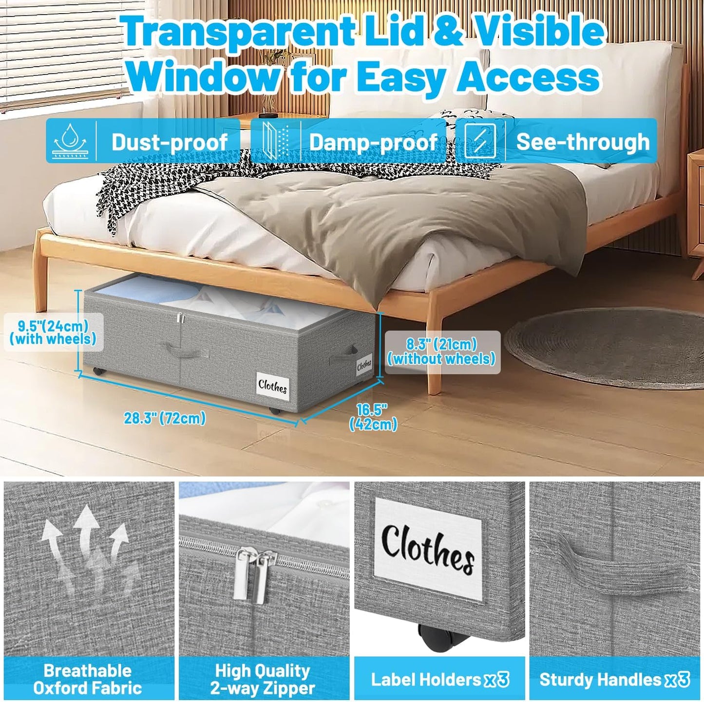 2 Pack Under Bed Storage with Wheels 10" Height, Rolling Storage Bins XXL 60L, Underbed Shoe Storage Containers with Label & Clear Lid, Dorm Under bed Drawers for Clothes, Shoes, Quick Assembly, Grey