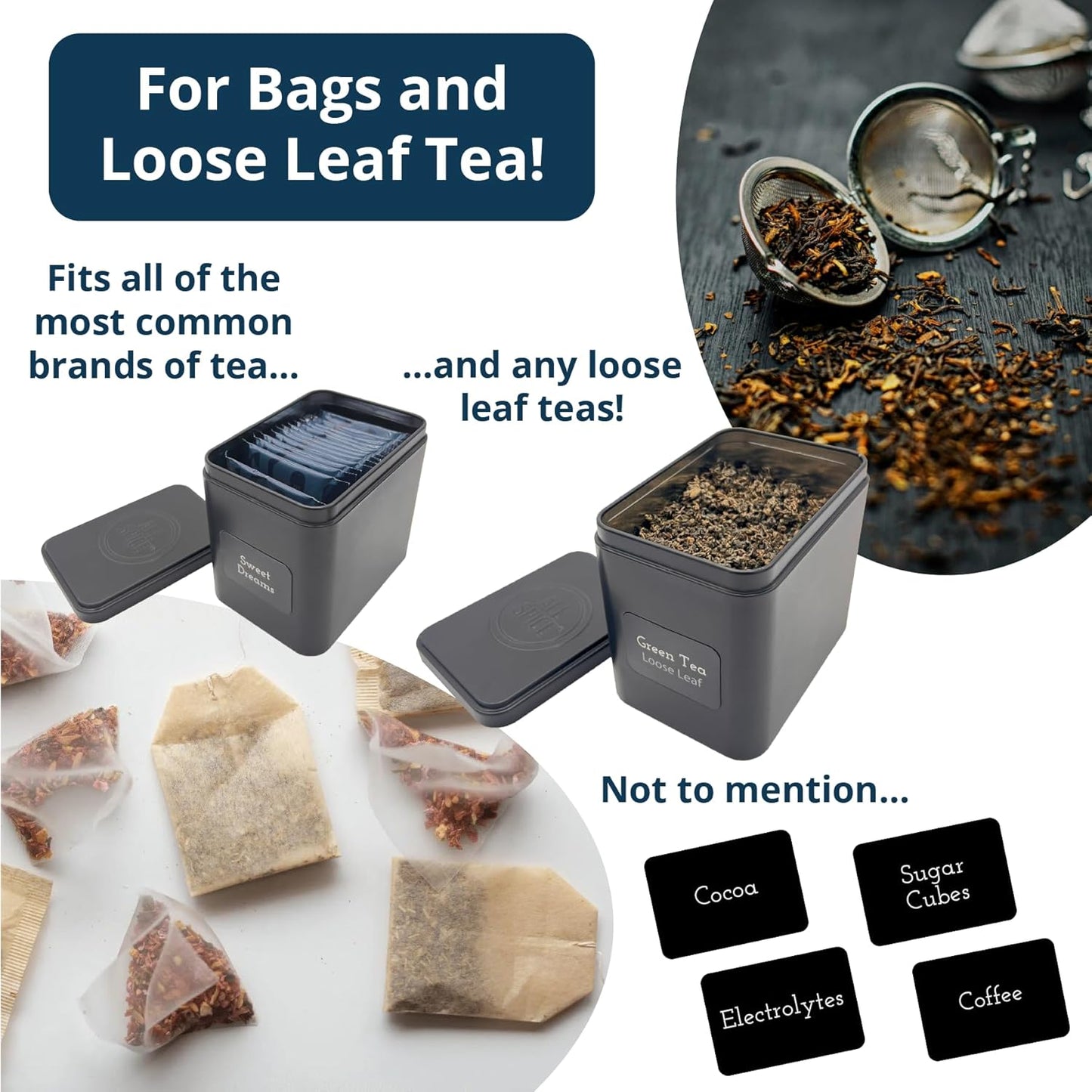 AllSpice Tea Organizer Rack with 9 Tins & 160 Magnetic Labels – Perfect for Bagged & Loose Leaf Tea Organization - White