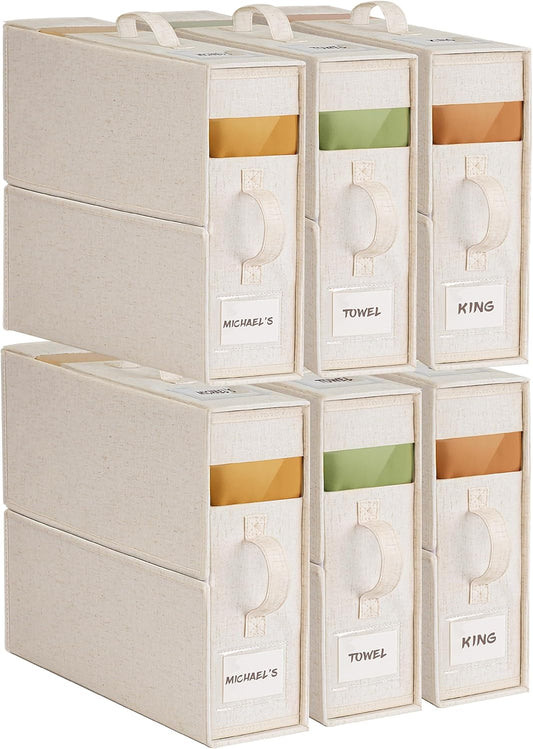 6Pack Linen Sheet Organizers and Storage - King/Queen Size Sheet Storage Organizer with Window, Foldable & Dustproof Sheet Organizer for Linen Closet for Summer Blankets & Sheet Sets,Off-white