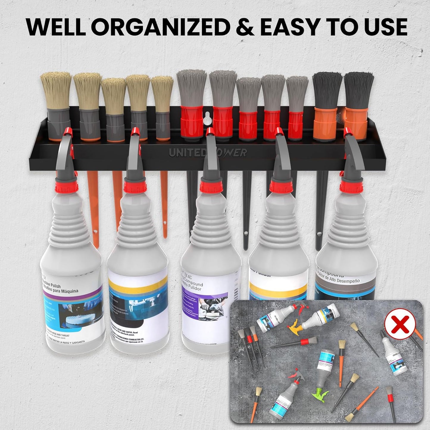 UNITEDPOWER Brush and Trigger Bottle Holder, Wall Mount Storage Rack Organizer for Auto Repair Shops Car Washes And Home Garages, Stores up to 12 Detailing Brushes & Hanging Rail for Bottles