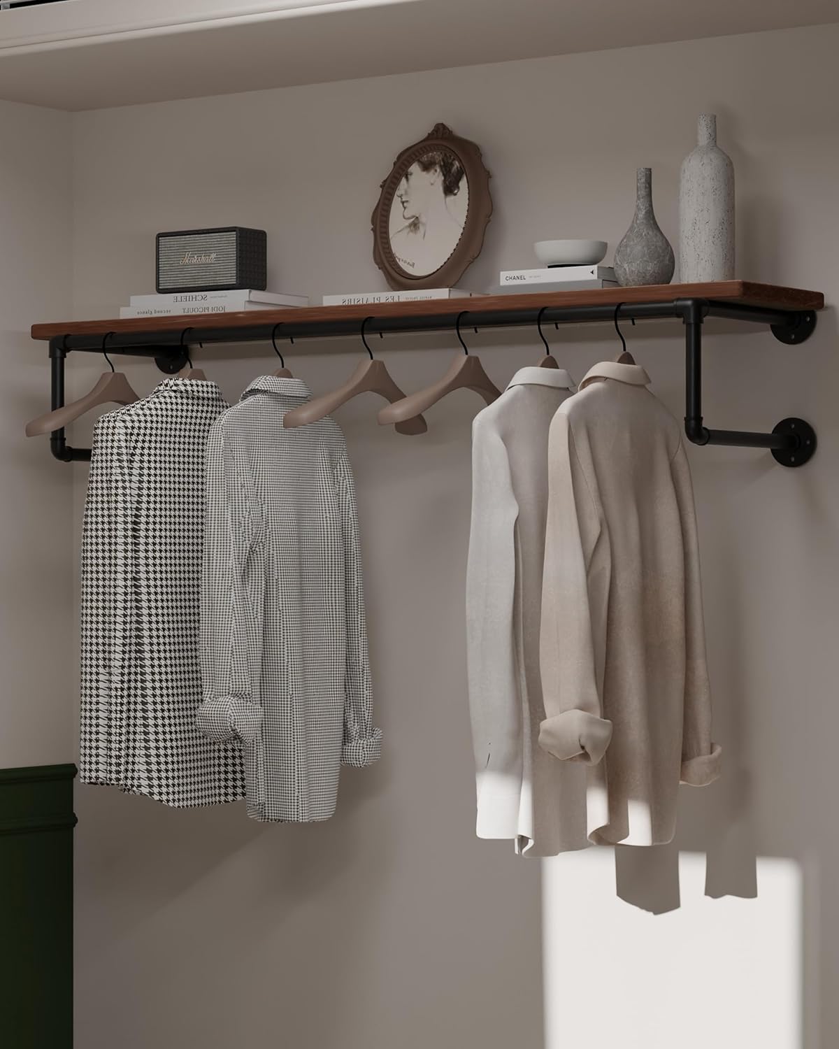 Clothes Rack 48in, Wall Mounted Garment Racks with Real Wood Shelf, Heavy Duty Hanging Clothes Rack, Multi-Purpose Hanging Rod, Space-Saving Closet Storage