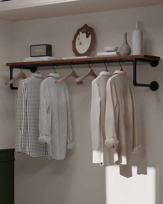 Clothes Rack 48in, Wall Mounted Garment Racks with Real Wood Shelf, Heavy Duty Hanging Clothes Rack, Multi-Purpose Hanging Rod, Space-Saving Closet Storage