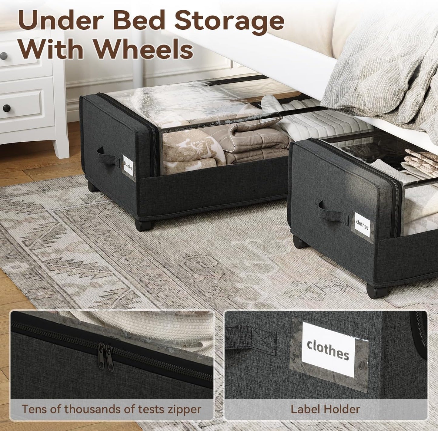 Under Bed Storage With Wheels, Tall Under The Bed Storage Containers With Lids, Underbed Shoe Storage Organizer, Metal Frame, Large Size, 90L