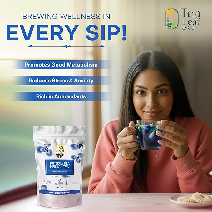 Tealeaf & Co. Butterfly Pea Herbal Tea Bags Blended with Fresh Herbs - Herbal Tea with Butterfly Pea Flower - Contains Low Caffeine - Gluten Free - 50Teabags (3.52oz/100gm)
