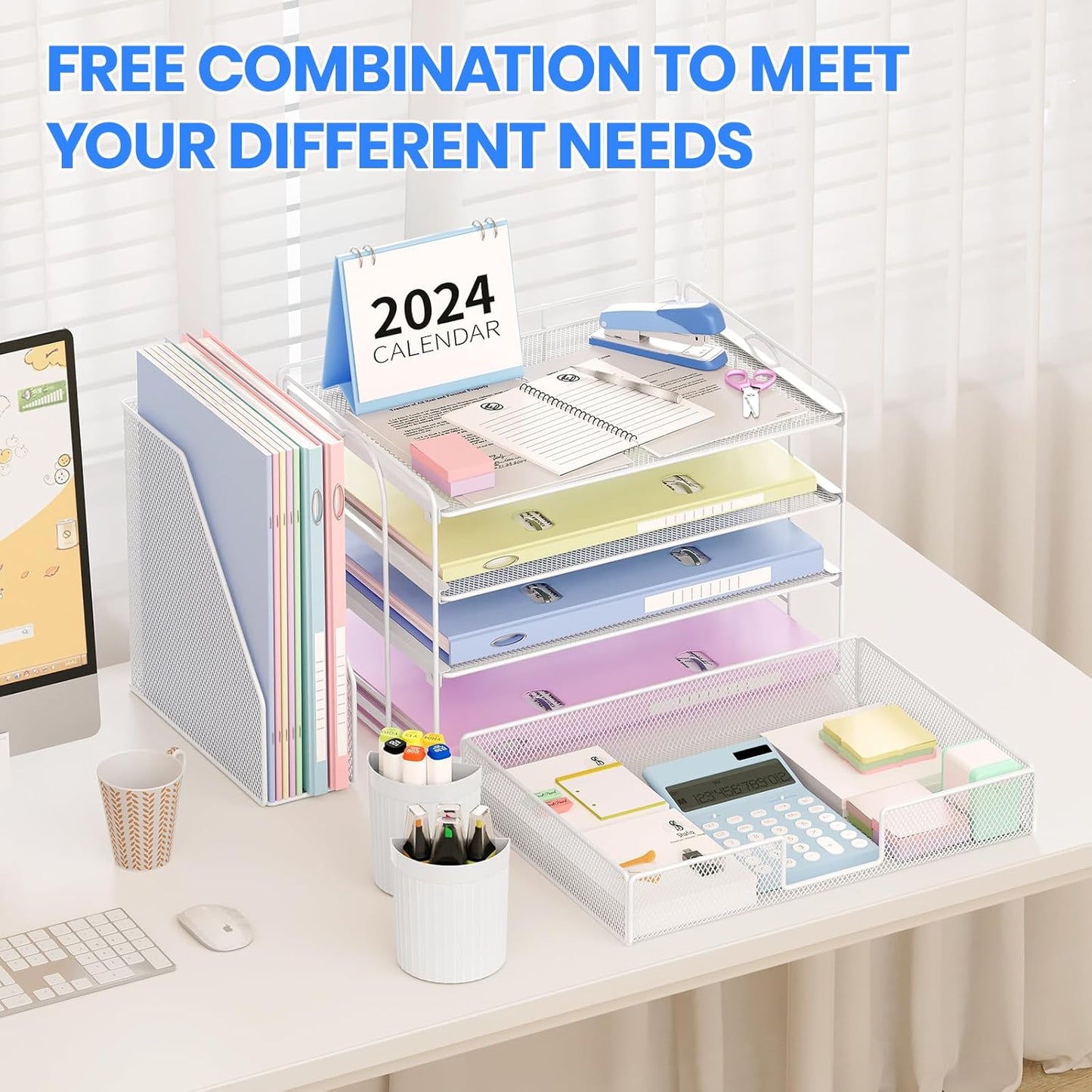 Desk Organizer and Accessories, 4-Tier Desktop File Organizer with Drawer and 2 Pen Holders, Office Desk Accessories, File Sorters, Workspace Organizers for Office Supplies(White)