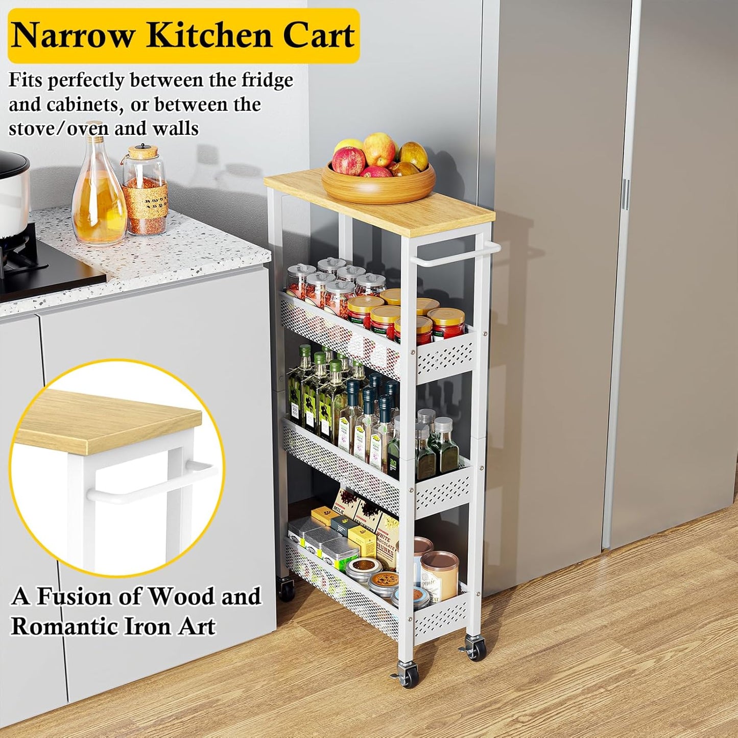 Utility Slim Storage Cart, 4 Tier Small Rolling Kitchen Laundry Room Cart with Wood Top, Metal Narrow Bathroom Storage Cabinet Mobile Shelf Unit Organizer Trolley with Handle for Narrow Space
