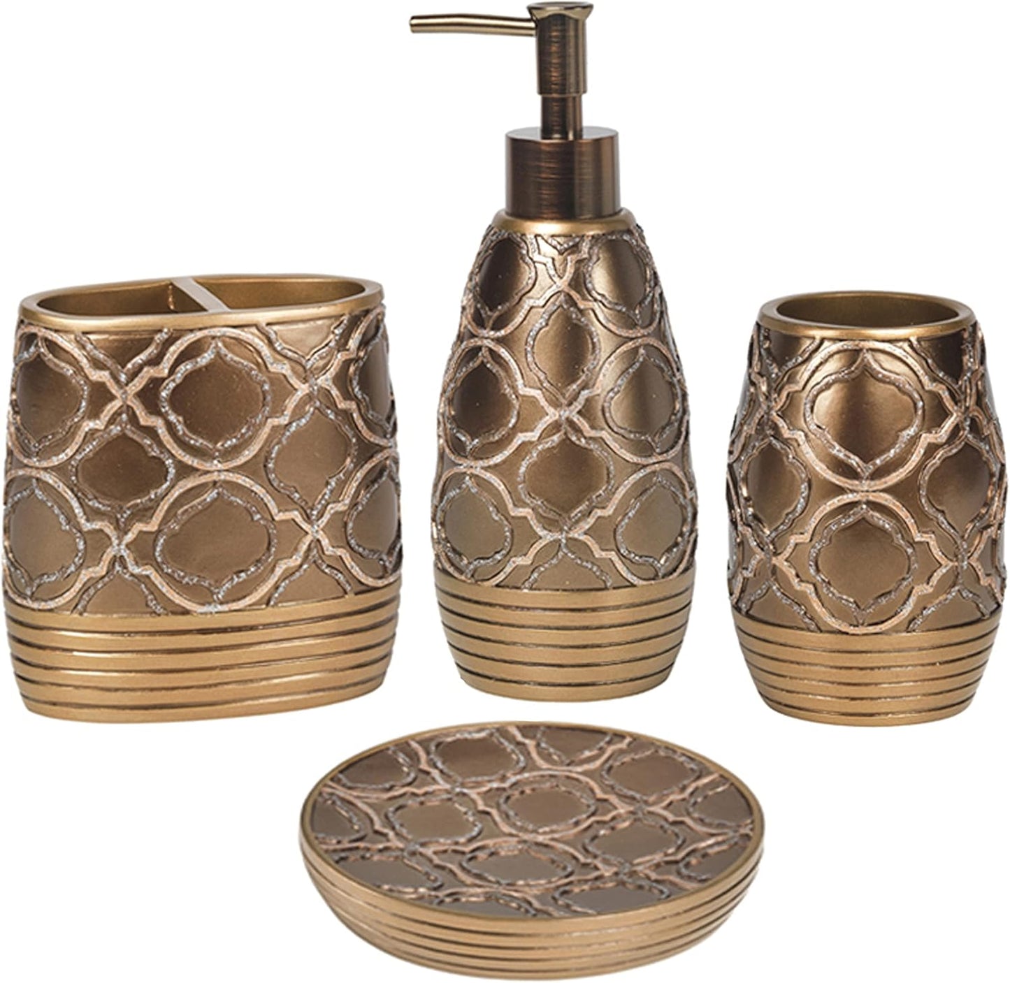 Zahari Home 4pc Spindle Stylish Bathroom Accessories Set Bathroom Soap Dispenser, Tumbler, Tooth Brush Holder and Soap Dish Modern Classic Luxury Contemporary Decor Unique Design Modern Bath Set