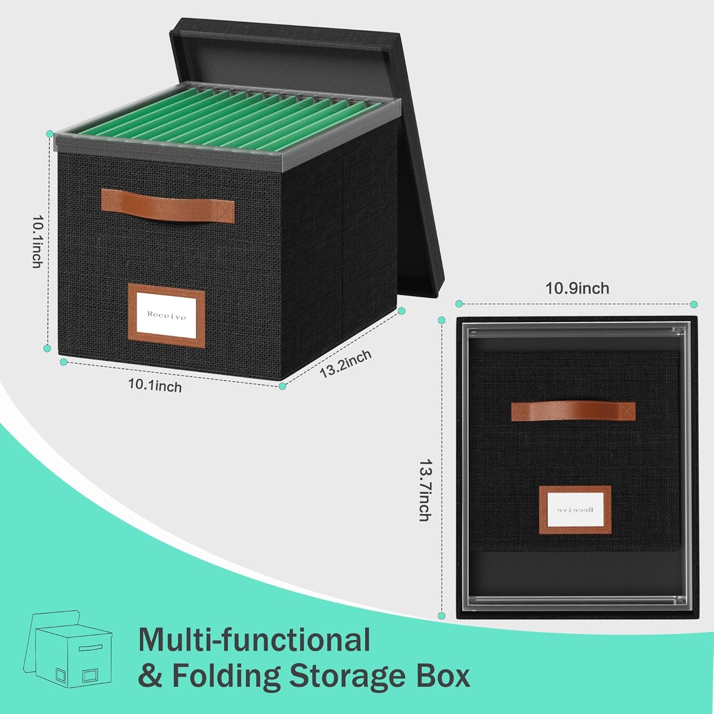 File Organizer Box with Lid File Box for Hanging Decorative File Organizer with One-Piece Integrated Plastic Slide Rail (Black, 13.2x10.1x10.1inch(2pack))