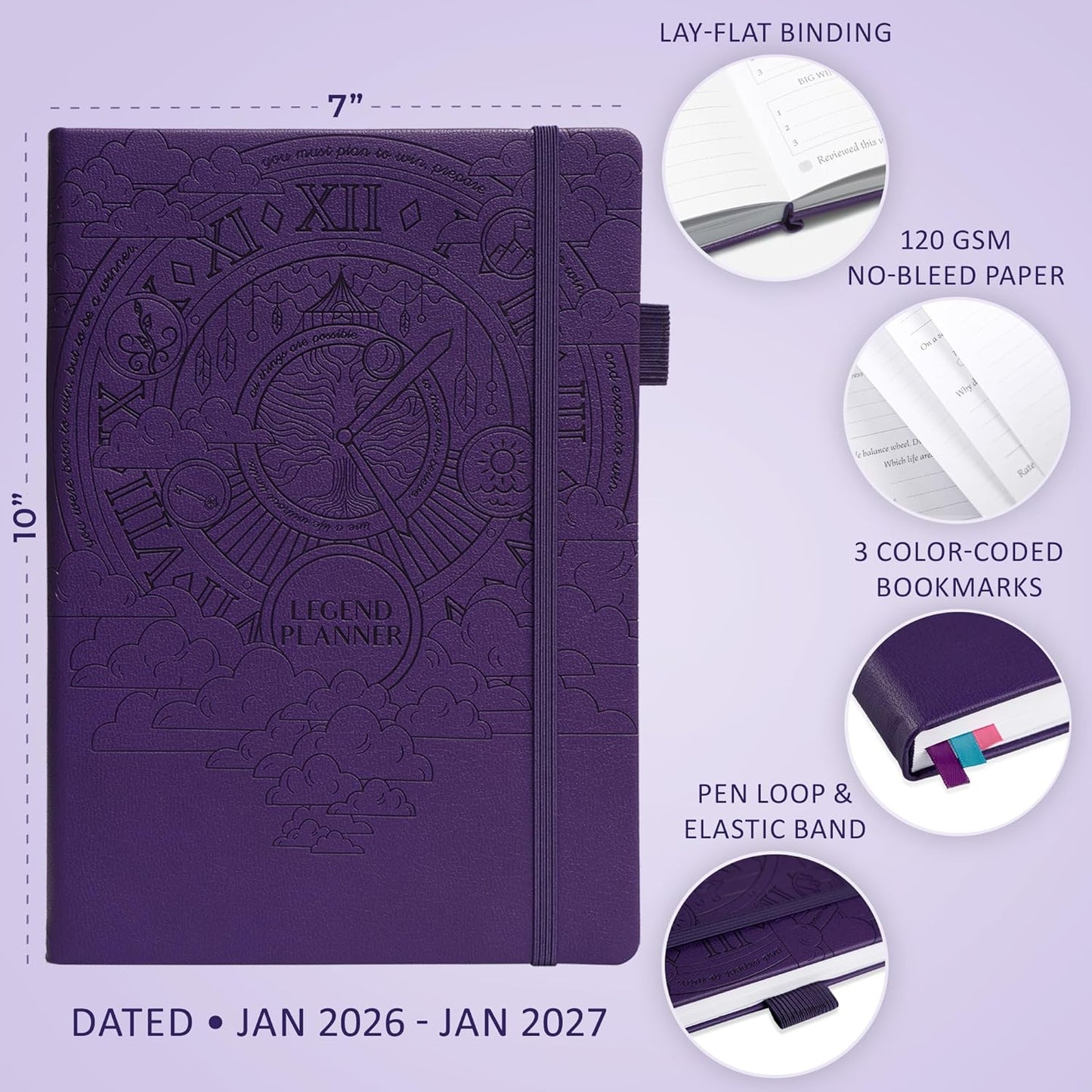 Legend Planner PRO Dated Jan 2026-Jan 2027 – Deluxe Weekly & Daily Organizer with Time Slots. Appointment Book Journal for Work & Time Management, A4 Hardcover (Dark Purple)
