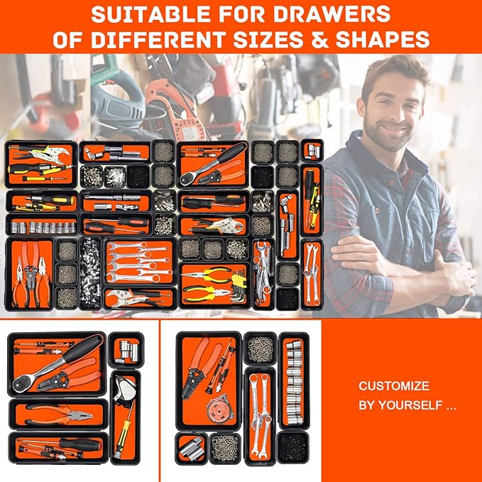 Tool Box Organizer, Tool Drawer Organizer Tray Divider, Toolbox Organization, Garage Tool Organizers and Storage, Tool Box Accessories for Rolling Tool Chest Cabinet (Orange (47PCS))