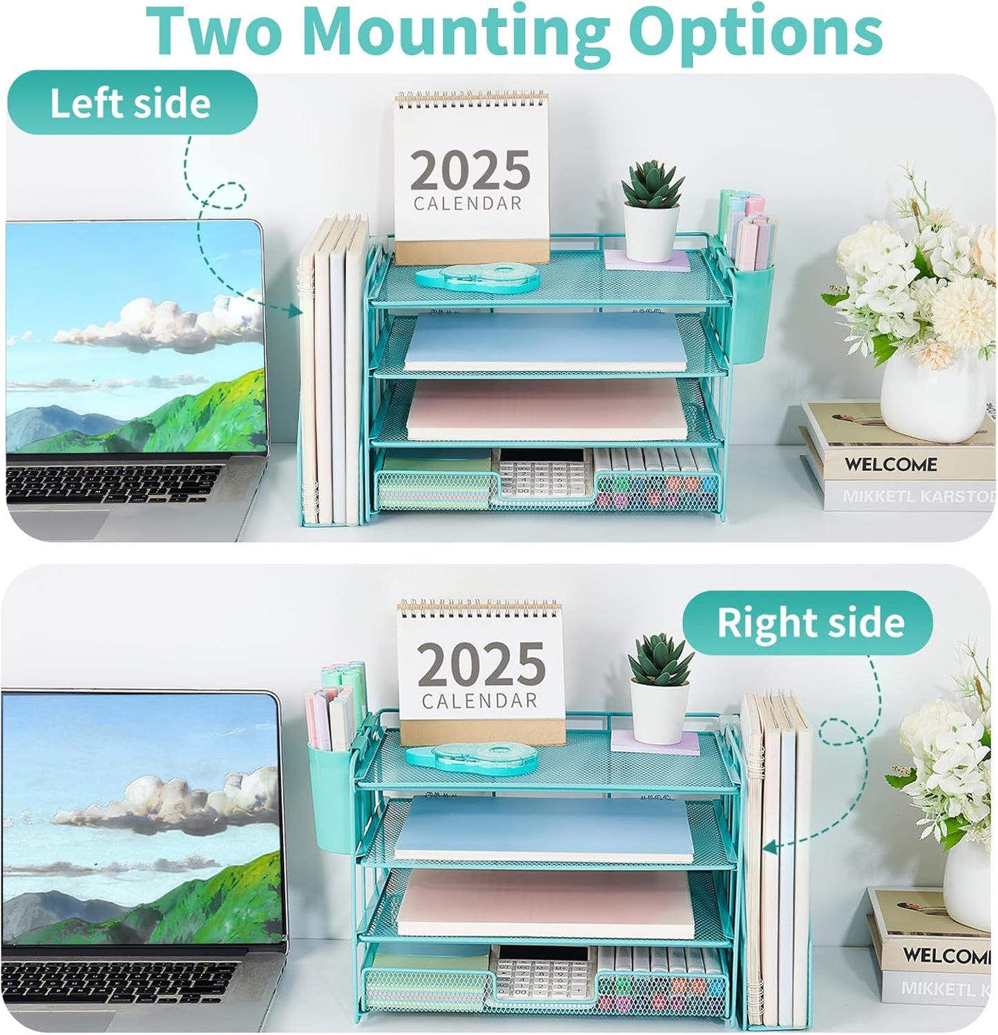 Desk Organizer and Accessories, 4-Tier Desktop File Organizer with Drawer and 2 Pen Holders, Office Desk Accessories, File Sorters, Workspace Organizers for Office Supplies(Teal Blue)