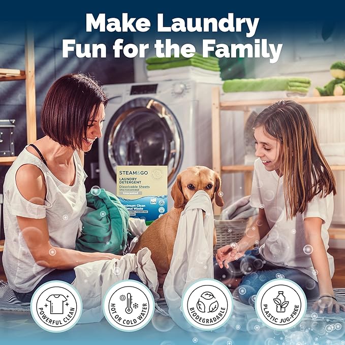 Steam and Go Laundry Detergent Sheets – 3in1 Dissolvable Sheets with Deep Cleaning, Fragrance-Free, & Hygienic Purifying Action – Hypoallergenic, Vegan & Cruelty-Free - Unscented – 30 Ct