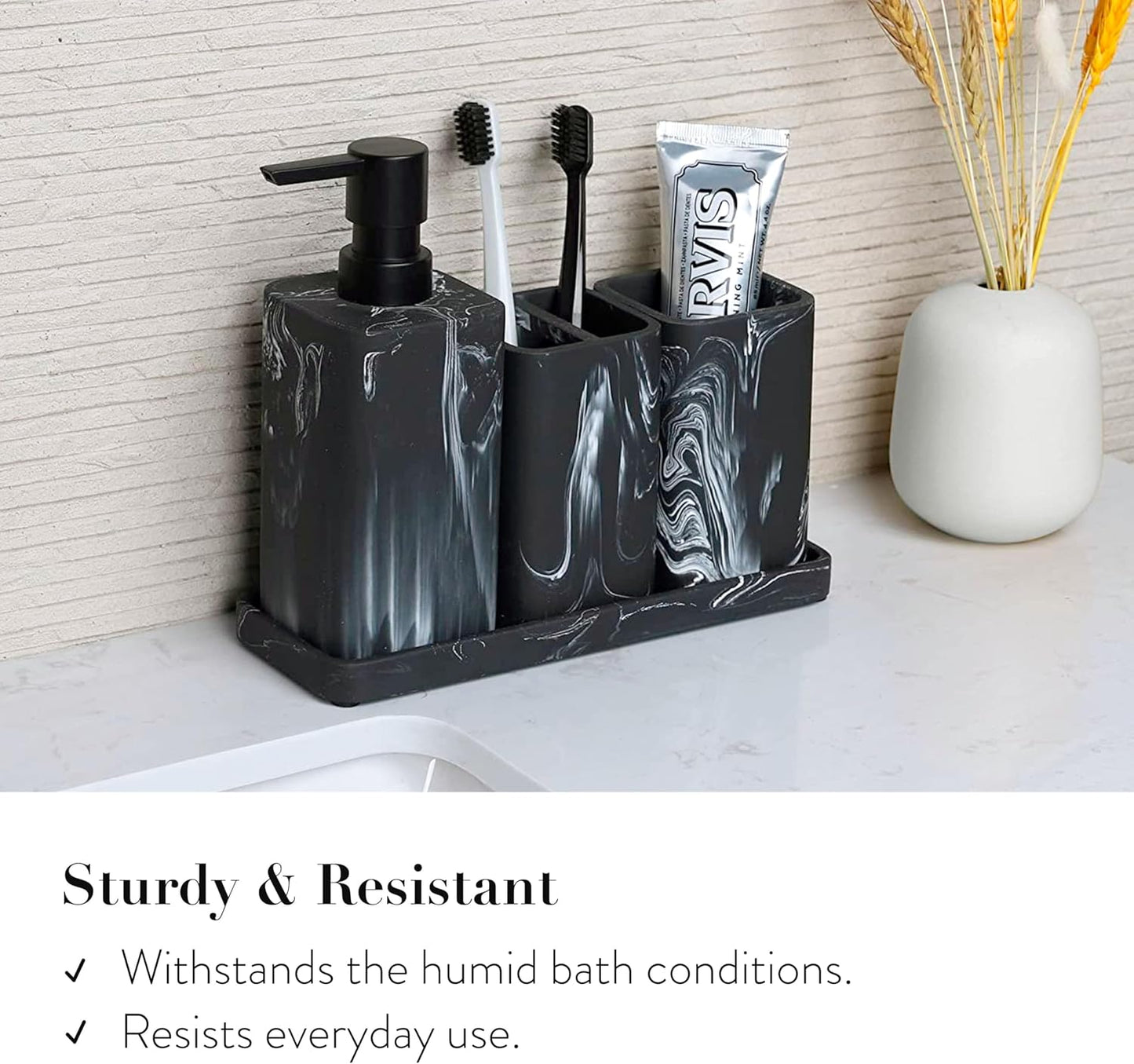 ZCCZ Black Bathroom Accessory Sets, 4 Pieces Bathroom Accessories Complete Set Vanity Countertop Accessory Set Marble Look, Includes Lotion Dispenser Soap Pump, Tumbler, Toothbrush Holder and Tray
