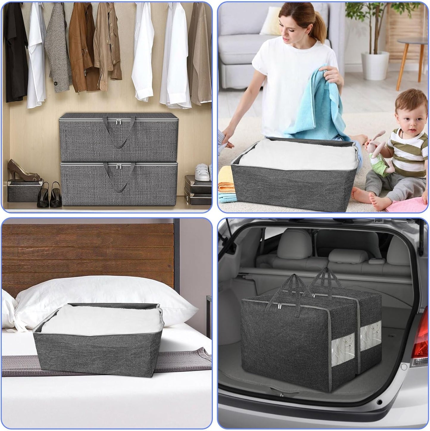 84L Extra Large Storage Bags, Folding Moving Comforter Blanket Storage Bags Closet Organizers and Storage Containers with Strong Handles&Zippers Clear Window for Clothes Bedding Pillow, Black