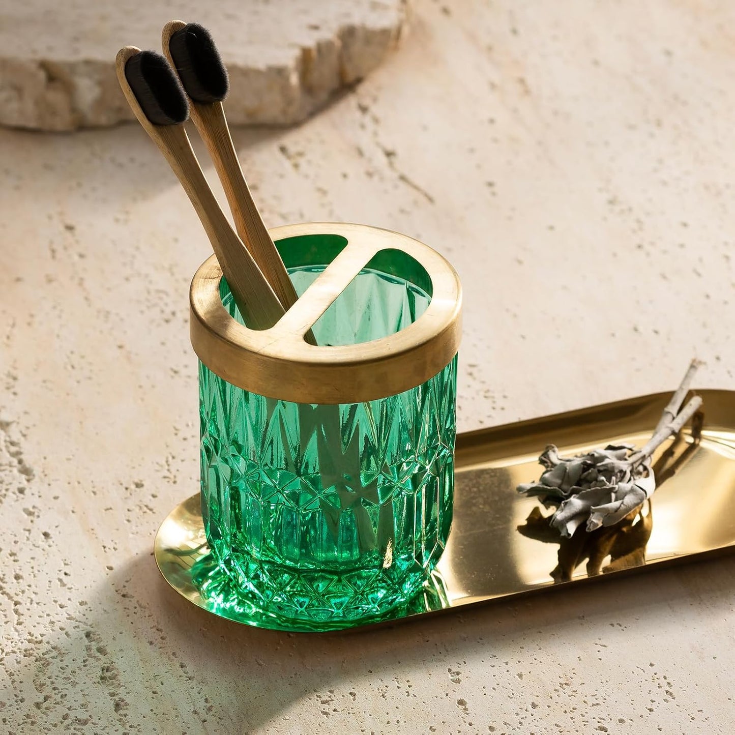 EMPO 6PCS Bathroom Clear Glass Accessories Set (Lotion Soap Dispenser, Soap Dish, Toothbrush Holder, Tumbler, Cotton Swab Jar), Contemporary Modern Decor Crystal Vintage Gift (6pcs Vintage Jade)