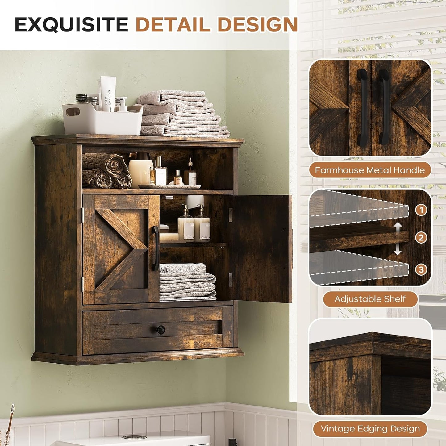 Bathroom Wall Cabinet, Wall Mounted Medicine Cabinet with Drawer, Barn Door & Adjustable Shelf, 24.4"H x 23.6"W x 9"D Rustic Brown Over Toilet Farmhouse Storage Cabinet for Kitchen, Laundry, Entryway