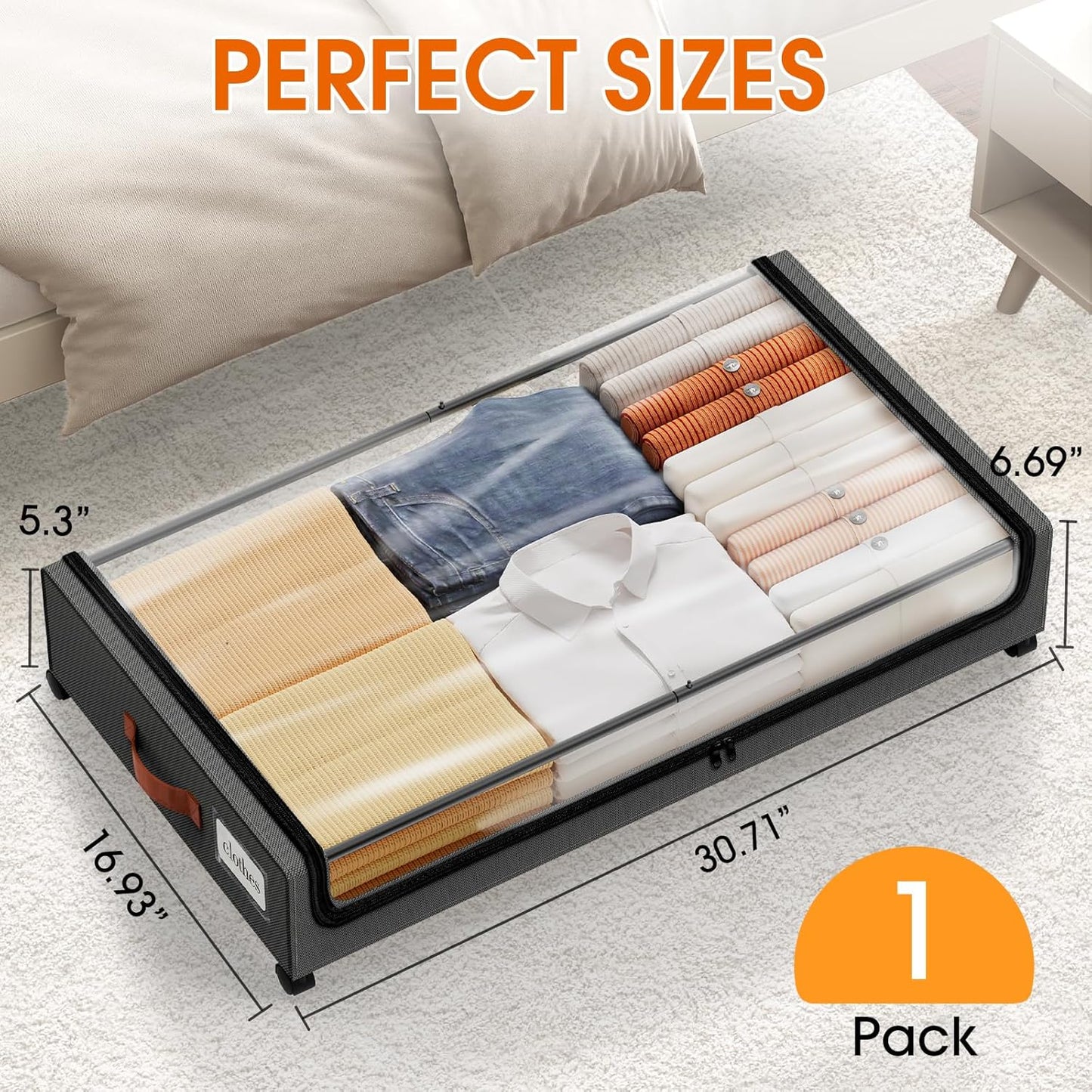 Under Bed Storage with Wheels 1Pack Storage Containers with Clear Window&Label Under Bed Drawers Rolling Under Bed Storage for Clothes,Shoes, Blankets (30.71 x 16.93 x 6.69 in, Dark Grey)