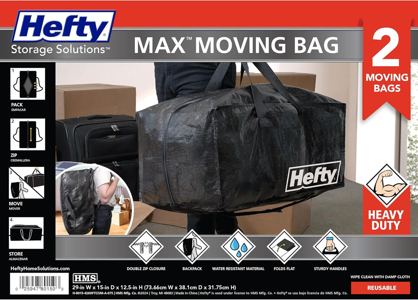 Hefty Moving Bag – Extra Large Double Zipper Backpack – Heavy Duty, Water Resistant, Foldable, Reusable Packing & Storage Tote with Shoulder Straps for Garage and Basement Organization – 2 Pack