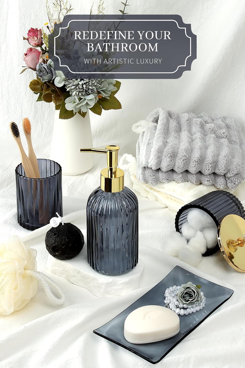 Designer Blue Glass Bathroom Accessories Sets - 4 Pcs with Lotion Soap Dispenser, Bathroom Toothbrush Holder, Vanity Tray, and Apothecary Jar, Vintage Bathroom Decor, Gift Countertop Organizer